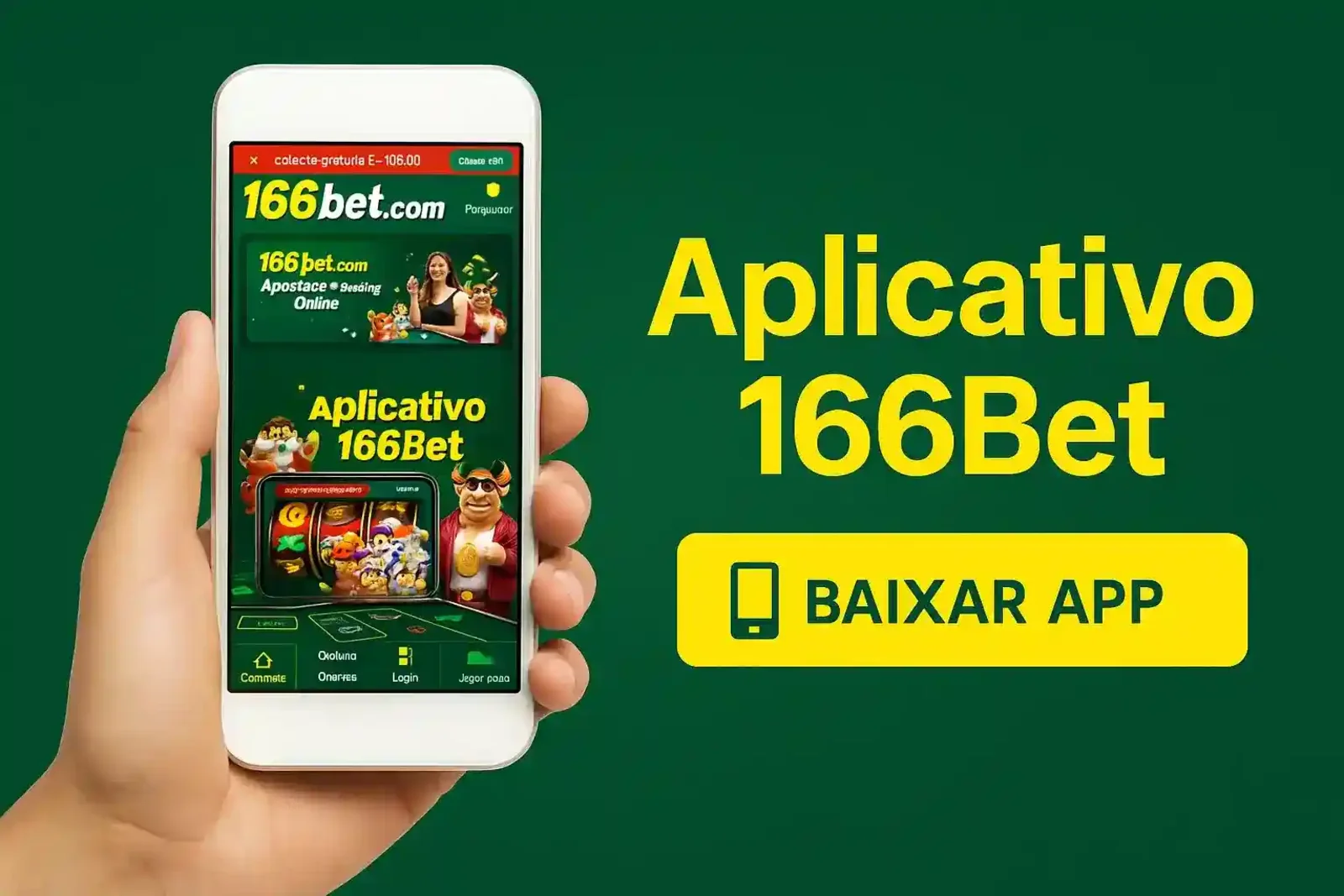 Veja a interface do aplicativo 166Bet em um smartphone. Baixe agora para ter acesso instantâneo a todos os nossos jogos de cassino e opções de apostas esportivas.