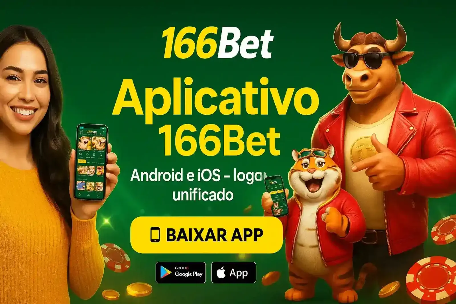 Aplicativo 166Bet | Disponível para Android e iOS Baixe o aplicativo oficial 166Bet para Android e iOS. Uma mulher e nossos mascotes mostram a facilidade de ter o cassino e as apostas na palma da sua mão.