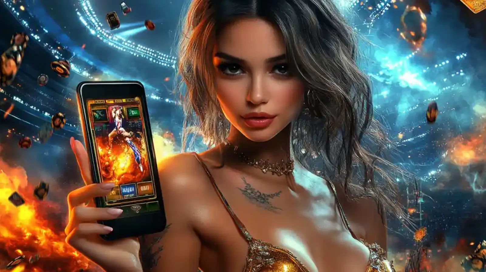 Leve a emoção do 166Bet para qualquer lugar com nosso aplicativo de cassino móvel. Uma mulher mostra um jogo em seu celular em um cenário futurista e dinâmico.