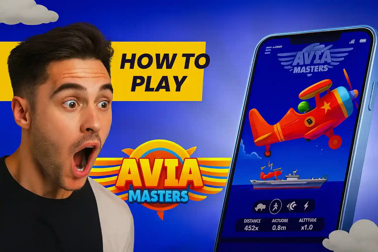 Homem reagindo ao jogo Avia Masters no celular