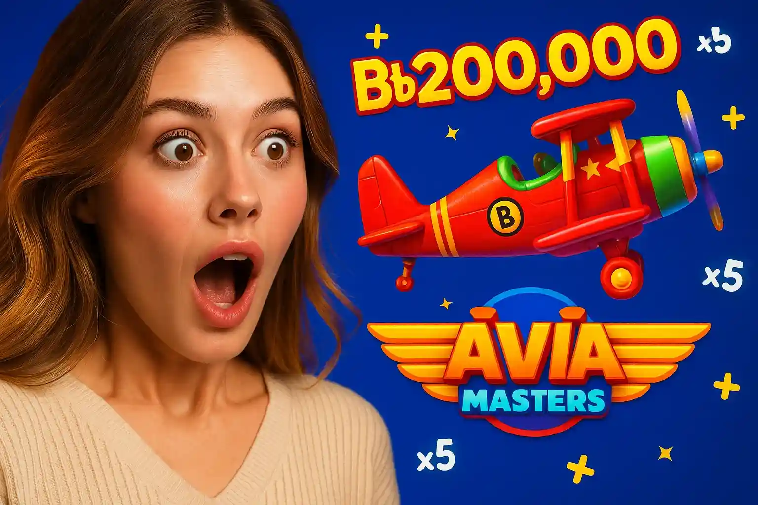 Mulher surpresa olhando avião Avia Masters com bônus e multiplicadores