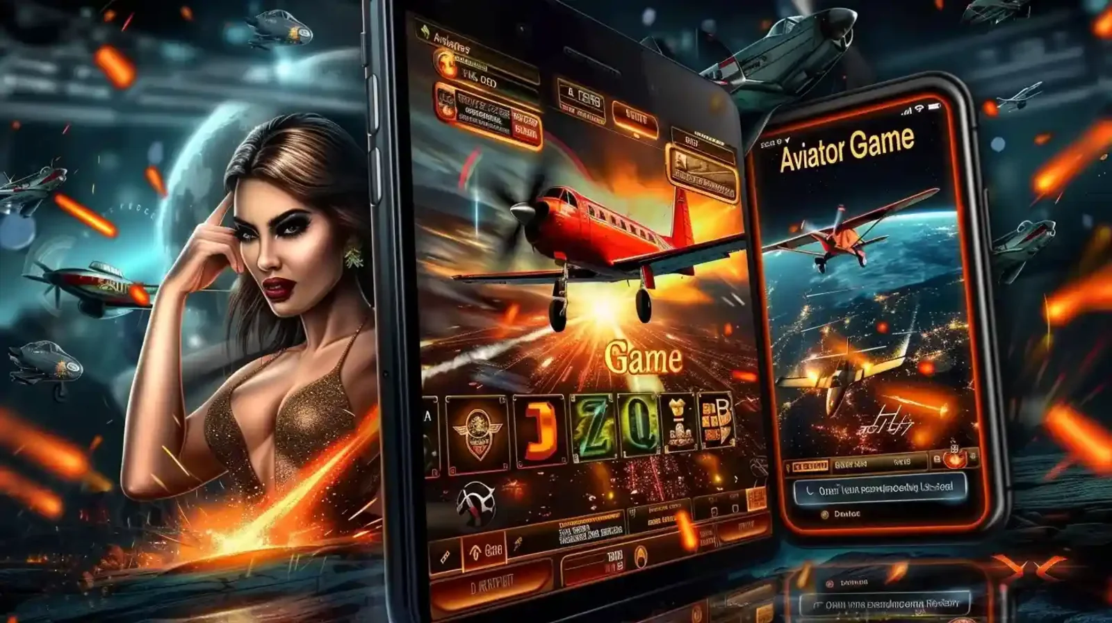 Domine os céus com o Aviator Game no aplicativo móvel 166Bet. Uma mulher confiante apresenta a interface do jogo com aviões voando sobre o planeta.