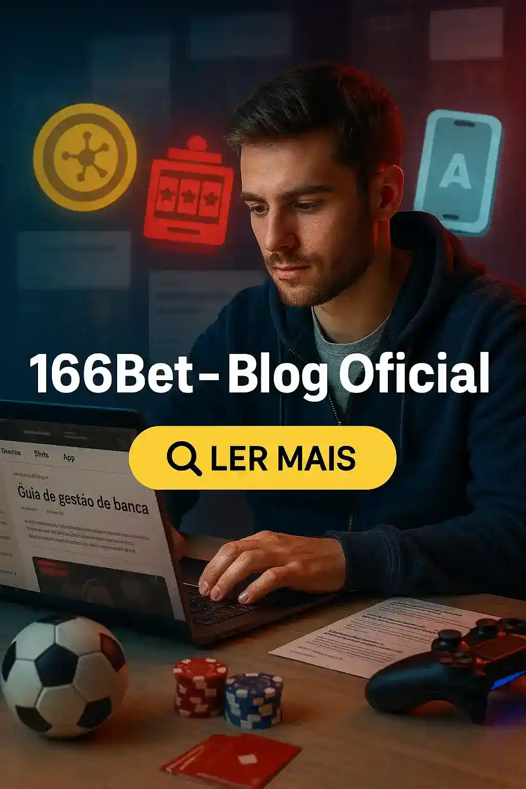 166Bet - Blog Oficial | Leia Nossos Guias e Artigos Aprimore suas estratégias de apostas lendo o Blog Oficial do 166Bet. Um homem estuda um guia de gestão de banca em seu laptop para otimizar seus ganhos.