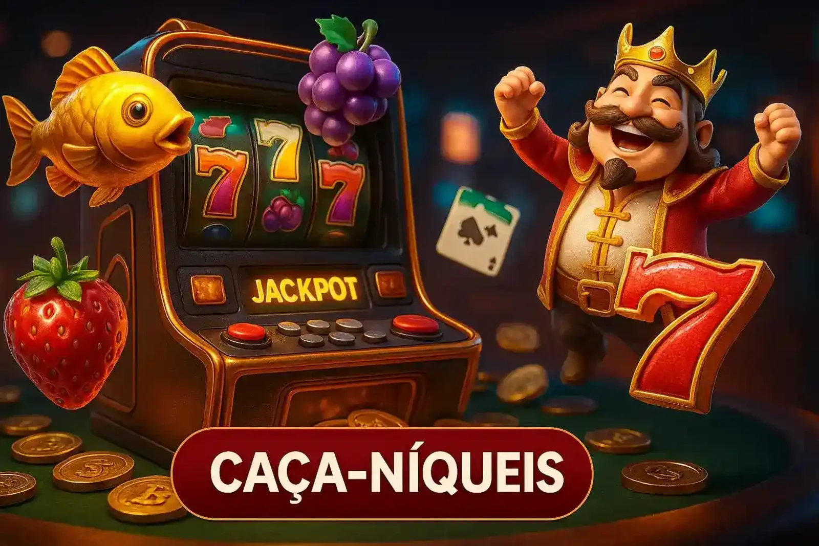 Caça-Níqueis Incríveis no 166Bet | Gire para Ganhar Divirta-se com os caça-níqueis do 166Bet! Um rei animado comemora uma grande vitória em uma máquina de jackpot com símbolos de frutas e peixes. Gire e ganhe!