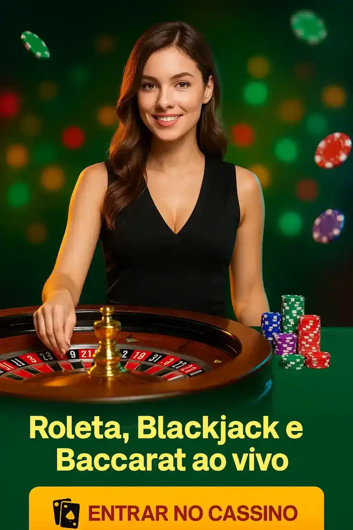 Uma dealer profissional sorridente convida você para jogar Roleta, Blackjack e Baccarat ao vivo no cassino 166Bet. Entre agora para uma experiência de cassino real e imersiva.
