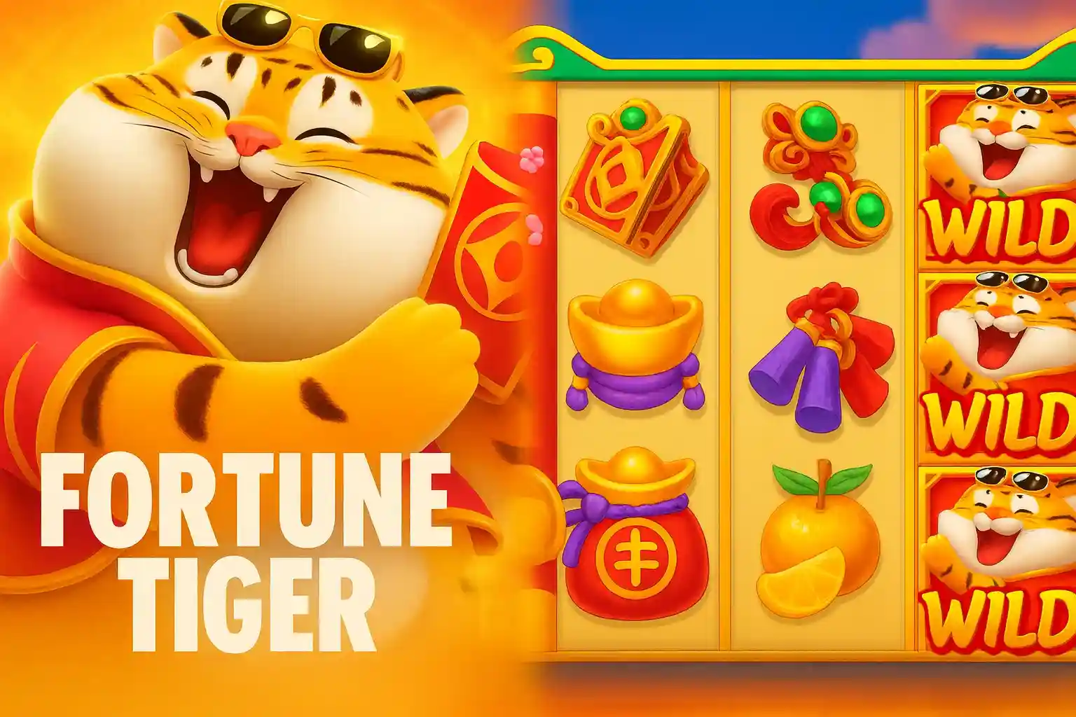 Tigre sorridente com símbolos wild no slot Fortune Tiger
