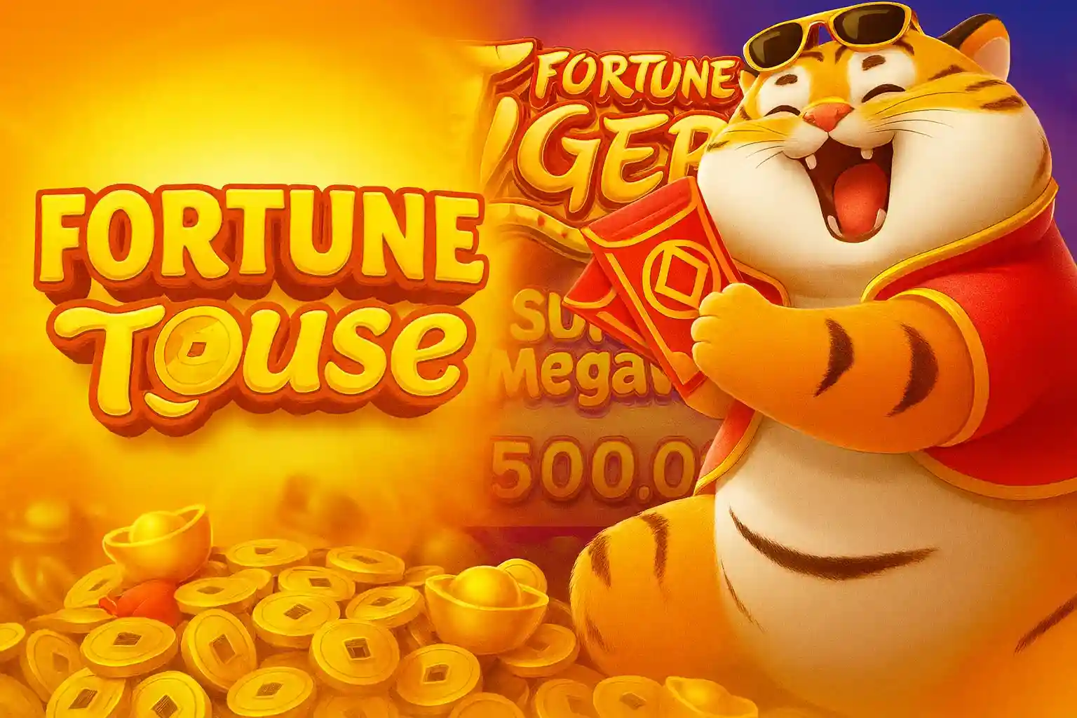 Tigre Fortune Touse cercado por moedas douradas e lingotes