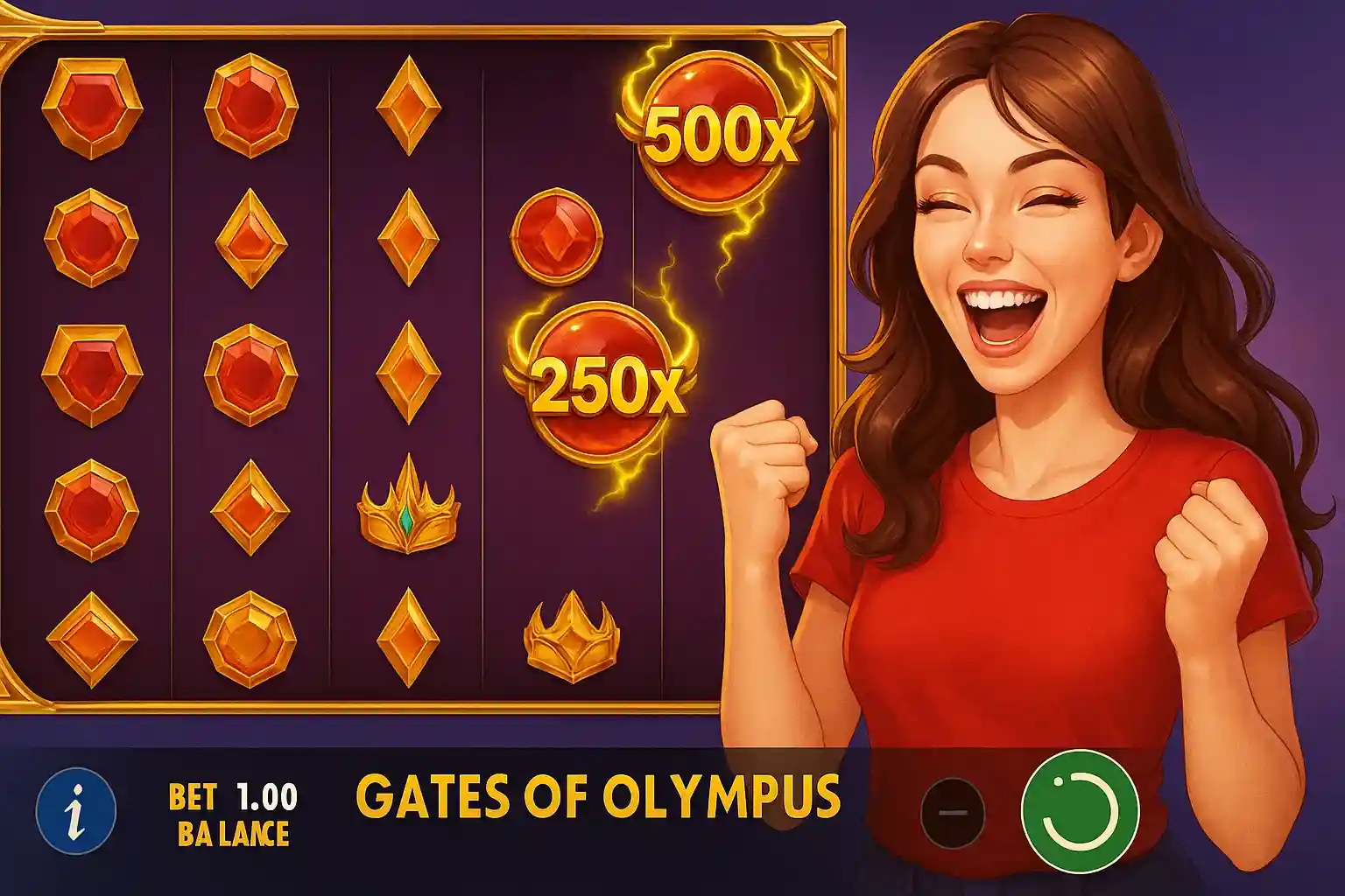 Jogadora comemorando ganhos no slot Gates of Olympus