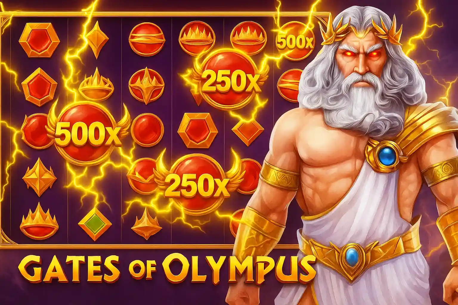 Zeus com relâmpagos e multiplicadores altos no Gates of Olympus
