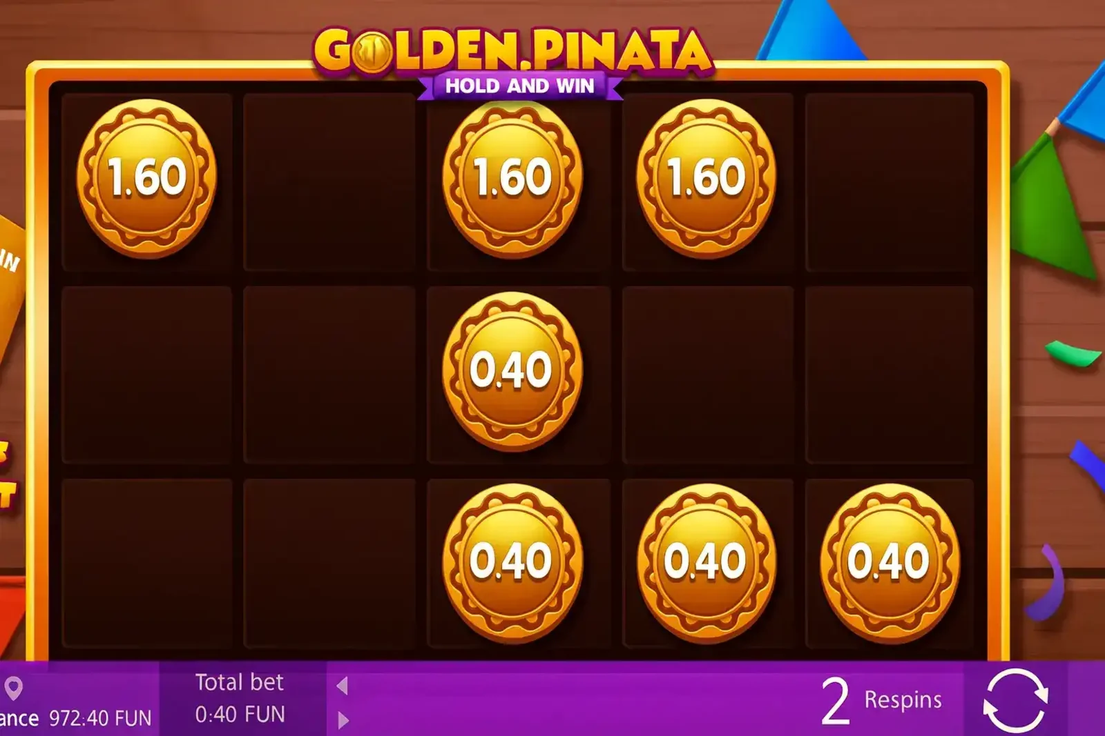 Jogabilidade do recurso de bônus Hold and Win no slot Golden Pinata. A grelha de jogo contém várias moedas douradas com valores de prêmio, e o contador indica 2 respins restantes para coletar mais moedas.