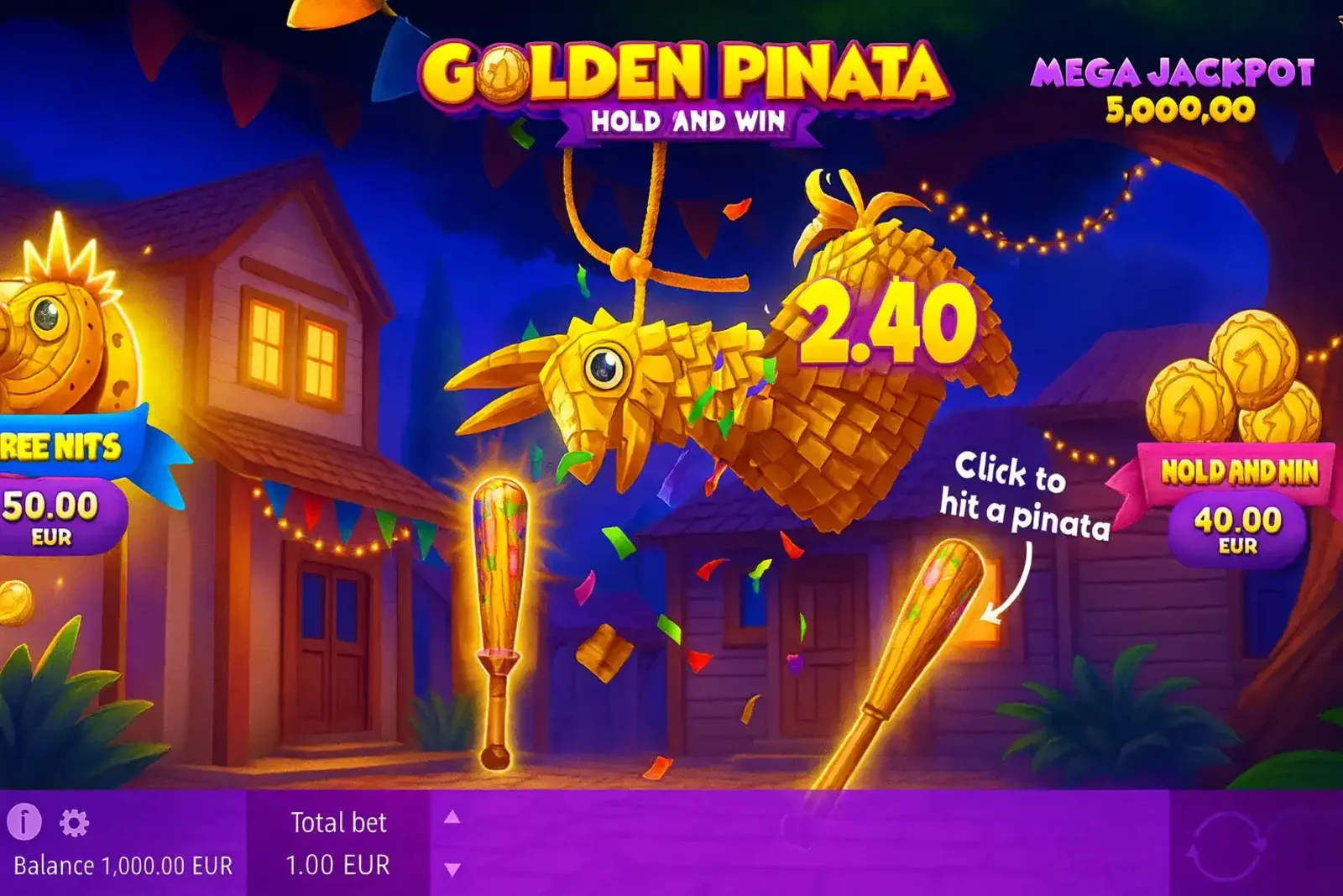 Tela principal do jogo de slot Golden Pinata Hold and Win, mostrando uma piñata dourada em forma de lhama no centro de uma festa noturna. São exibidos os valores do Mega Jackpot, Free Spins e o bônus Hold and Win.