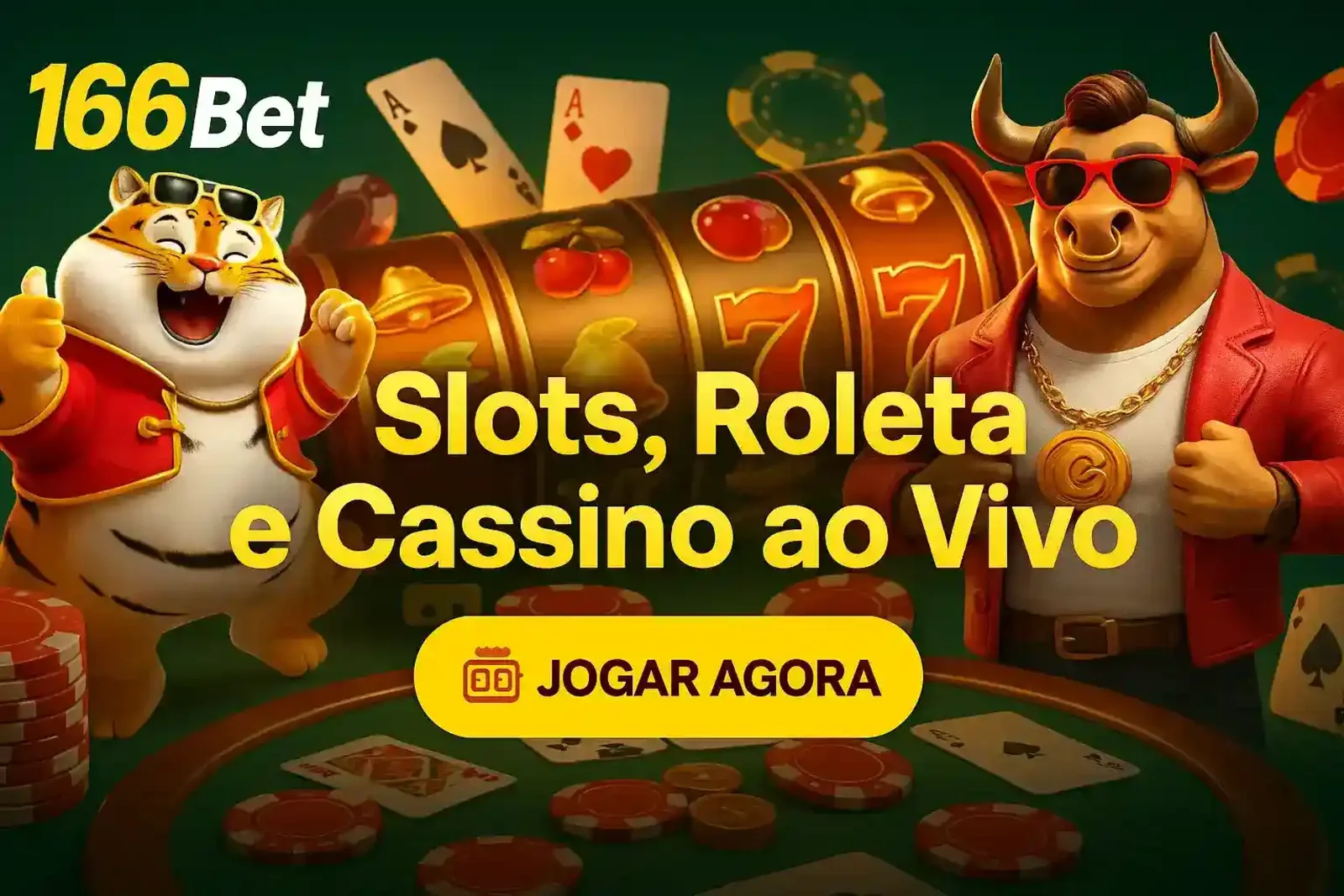 Descubra a emoção no cassino 166Bet! Nossos mascotes apresentam uma seleção de jogos que inclui Slots, Roleta e um Cassino ao Vivo imersivo. Jogue agora e divirta-se!