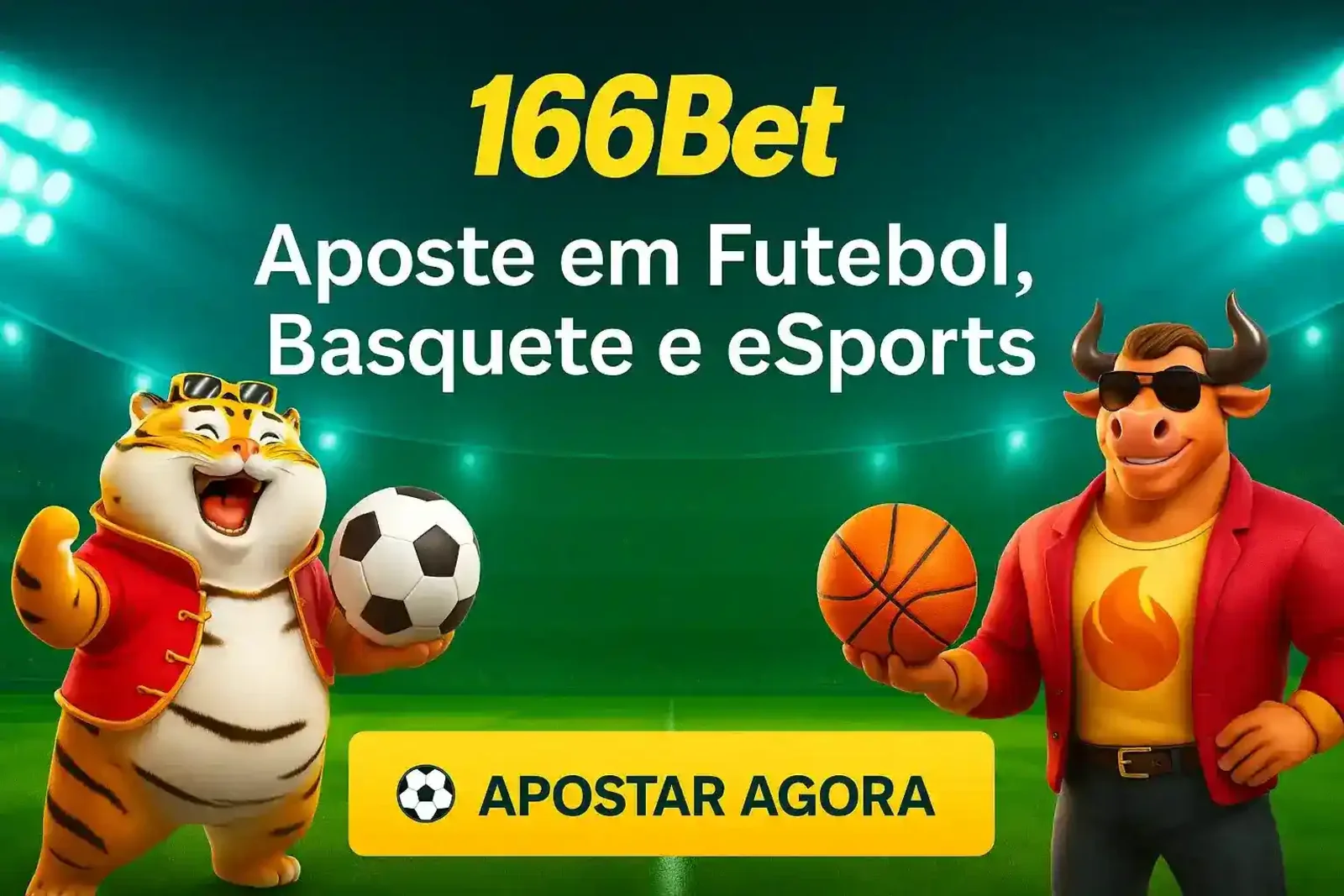 Faça suas apostas esportivas no 166Bet! O tigre e o touro mostram a variedade de mercados, incluindo Futebol, Basquete e os emocionantes eSports. Aposte agora!