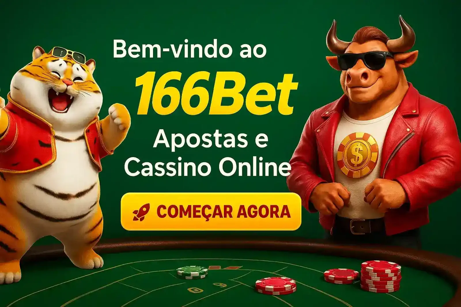 Bem-vindo ao 166Bet! Nossos mascotes, um tigre e um touro estilosos, convidam você para o incrível mundo das apostas e do cassino online. Comece agora sua jornada!