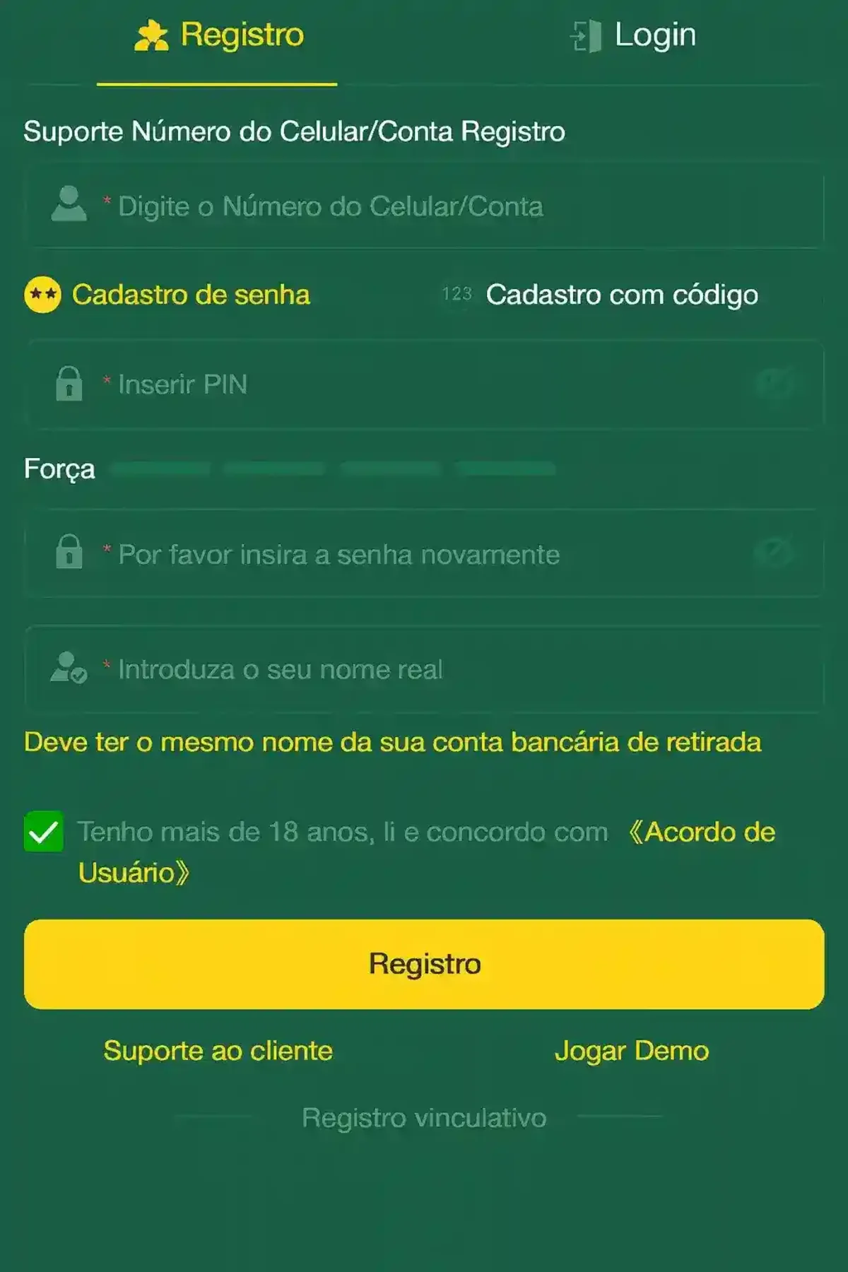 Formulário de Registro 166Bet | Cadastro Seguro e Fácil Tela de registro do aplicativo 166Bet, mostrando os campos para inserir o número de celular, criar um PIN seguro e adicionar seu nome real para validar a conta.
