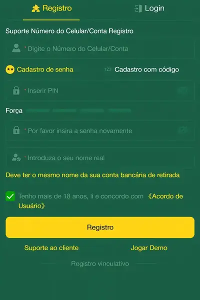 Tela de registro do aplicativo 166Bet, mostrando os campos para inserir o número de celular, criar um PIN seguro e adicionar seu nome real para validar a conta.
