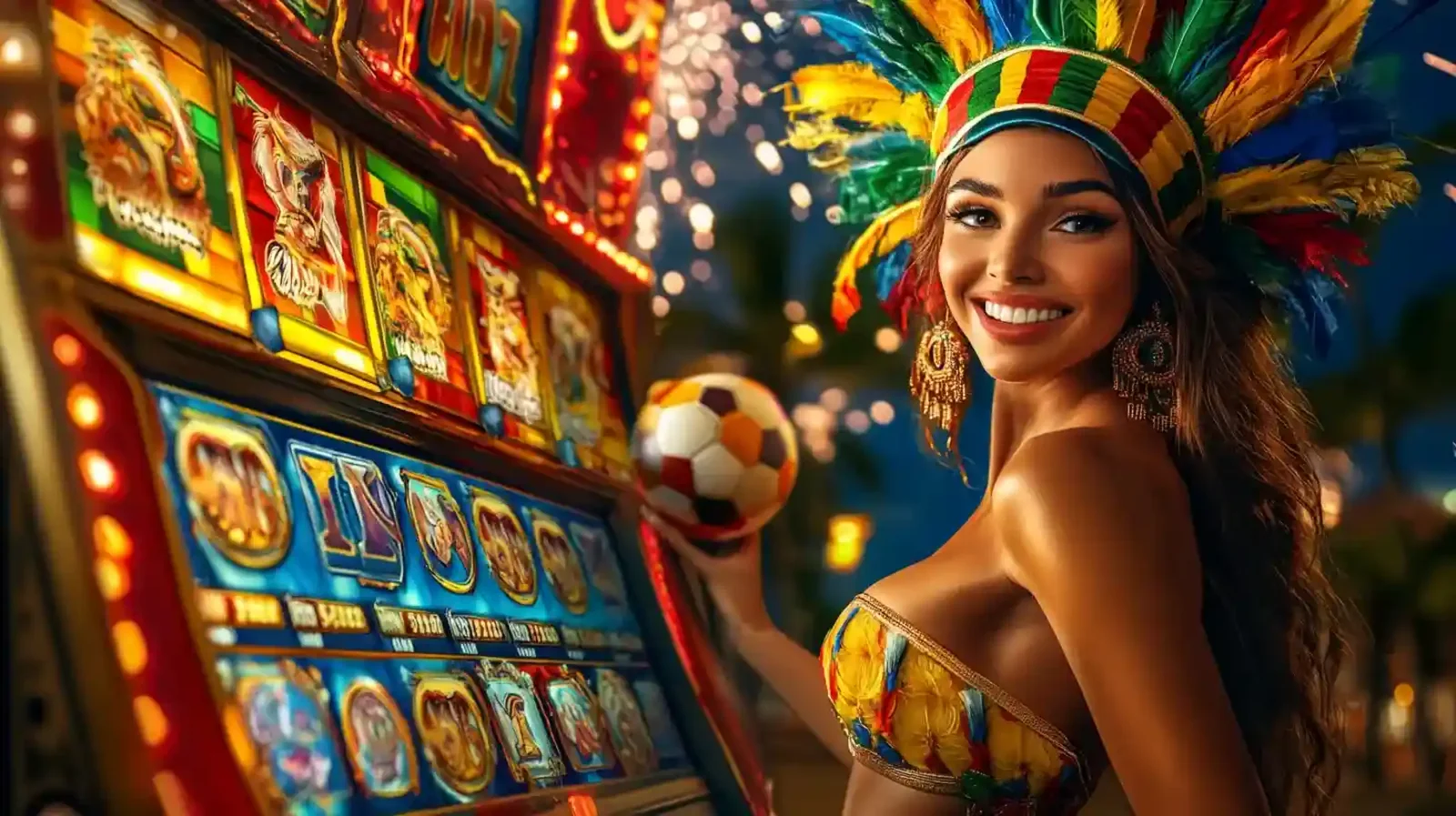 Uma mulher sorridente com um cocar de carnaval brasileiro se diverte com os caça-níqueis e apostas em futebol no 166Bet, celebrando a paixão nacional pelo jogo.