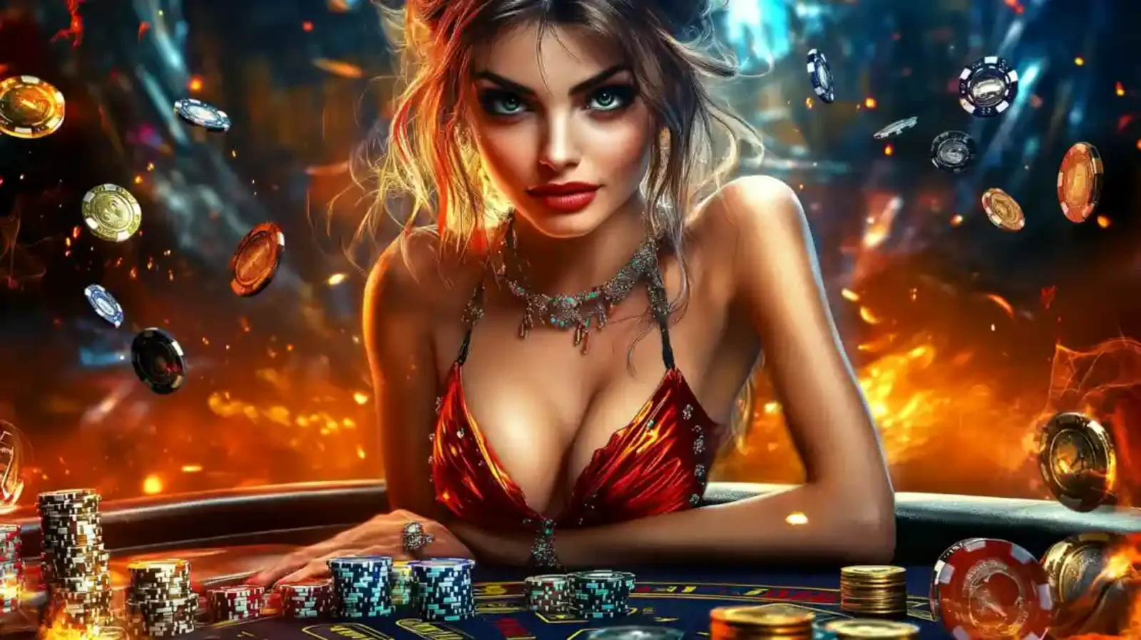 Uma mulher deslumbrante em uma mesa de pôquer de altas apostas no cassino ao vivo 166Bet, rodeada por fichas e uma atmosfera de pura adrenalina e emoção.