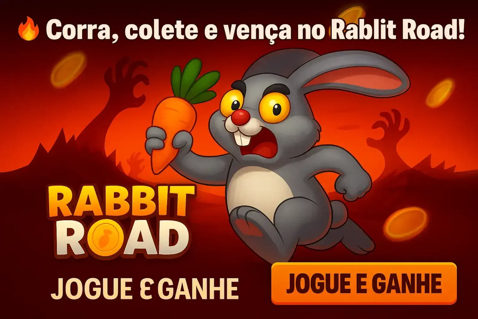 Banner de ação do jogo Rabbit Road mostrando um coelho correndo de perigos com uma cenoura. A chamada é Corra, colete e vença para jogar e ganhar prêmios.