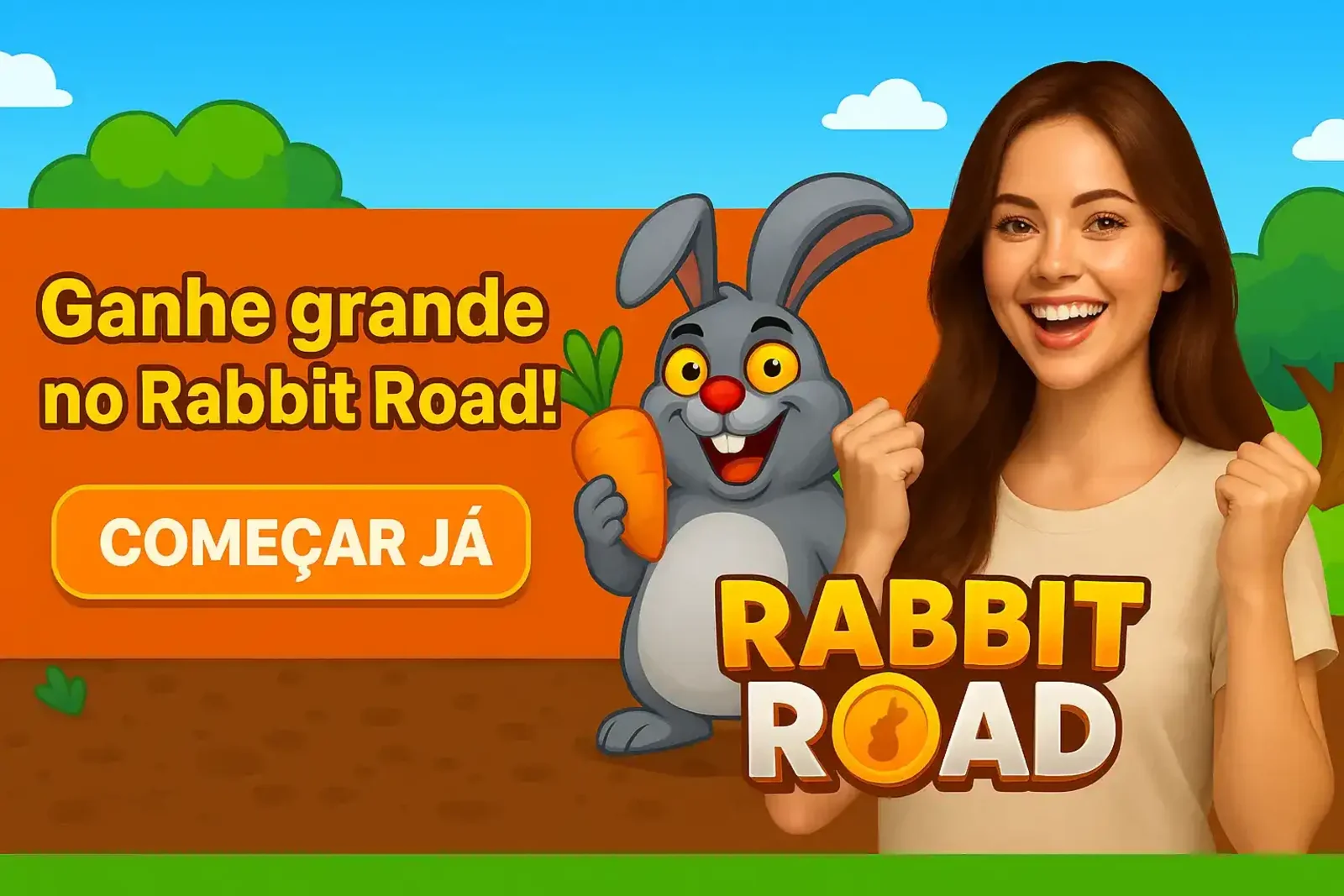 Banner do jogo Rabbit Road com uma mulher comemorando uma vitória ao lado do coelho mascote. O texto Ganhe grande no Rabbit Road! convida a começar a jogar agora mesmo.