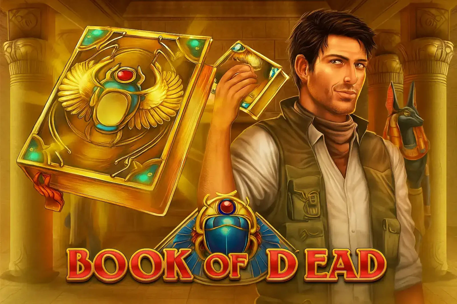 O explorador do jogo de caça-níqueis Book of Dead segurando o livro dourado mágico, com o logotipo do jogo e um templo egípcio ao fundo.