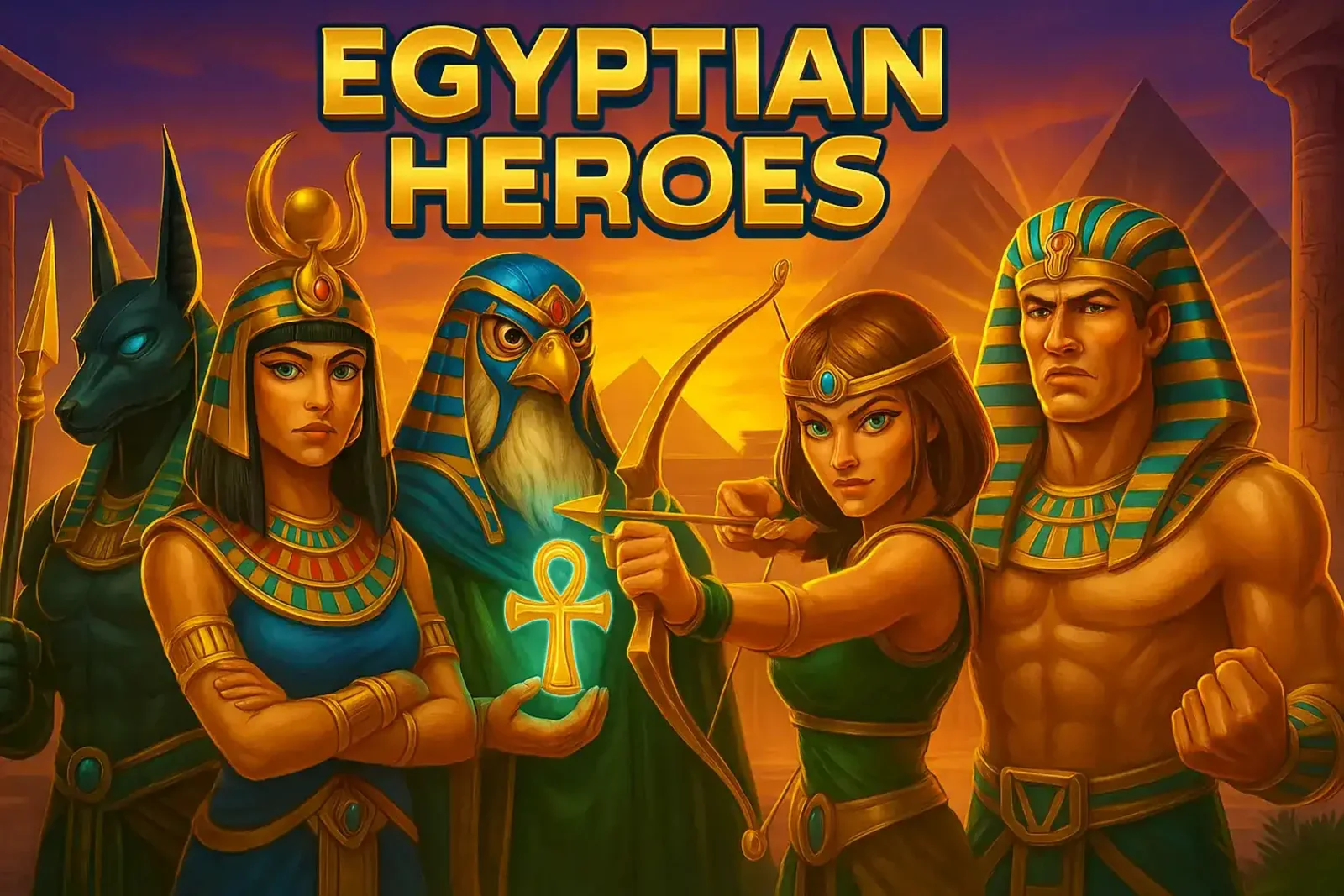 Grupo de deuses e heróis egípcios do jogo de caça-níqueis Egyptian Heroes, incluindo Anúbis, Rá e uma arqueira, prontos para a batalha.
