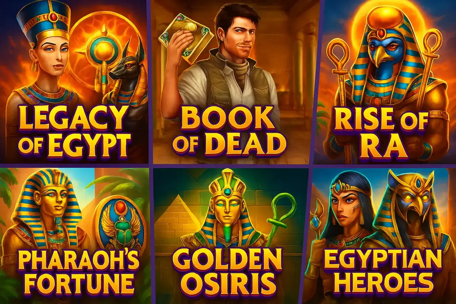 Coleção de seis jogos de caça-níqueis com tema do Egito Antigo, incluindo Legacy of Egypt, Book of Dead, Rise of Ra e outros populares.