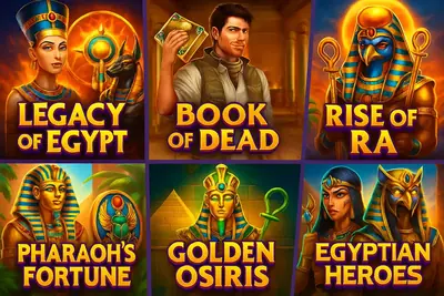 Jogos de Slot Populares com Tema do Egito Coleção de seis jogos de caça-níqueis com tema do Egito Antigo, incluindo Legacy of Egypt, Book of Dead, Rise of Ra e outros populares.