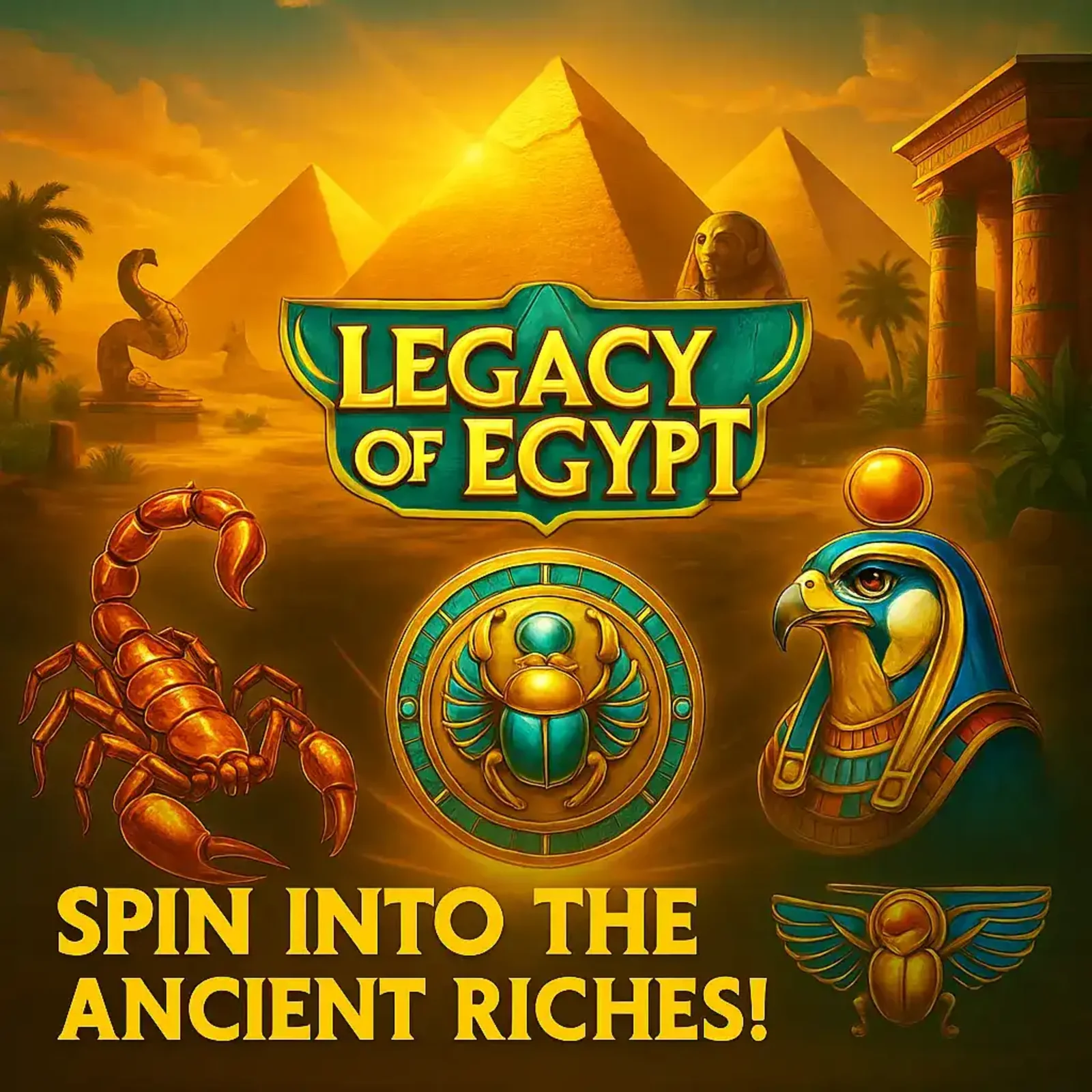 Imagem promocional do jogo de caça-níqueis Legacy of Egypt com pirâmides ao fundo e símbolos como escorpião, escaravelho e o deus Hórus.